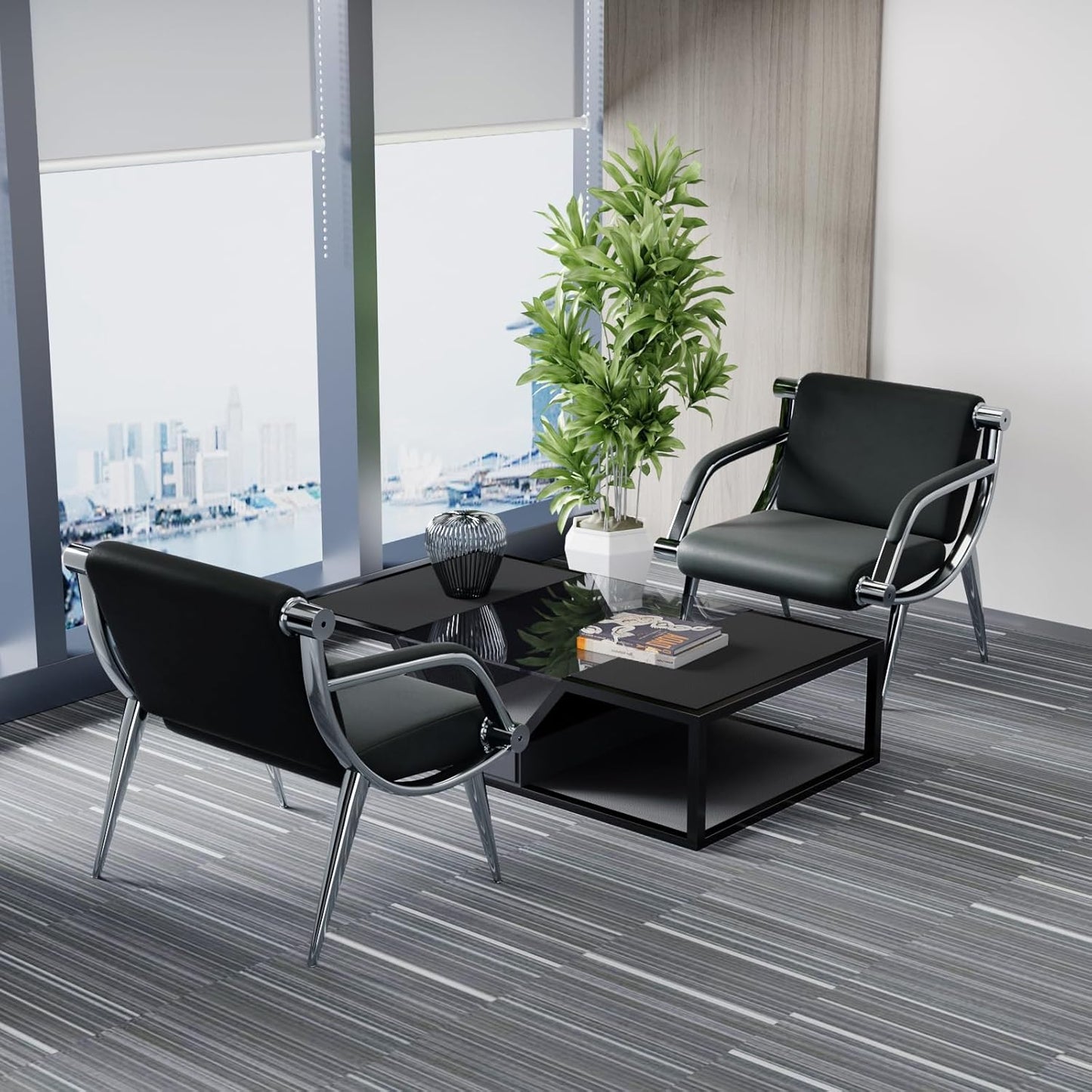 wonline 2Pcs Waiting Room Chair with Armrest Black PU Leather Office Furniture, Office Guest Seating Lobby Conference Reception Chairs for Airport Clinic Hospital Bank Salon Barber(Black)