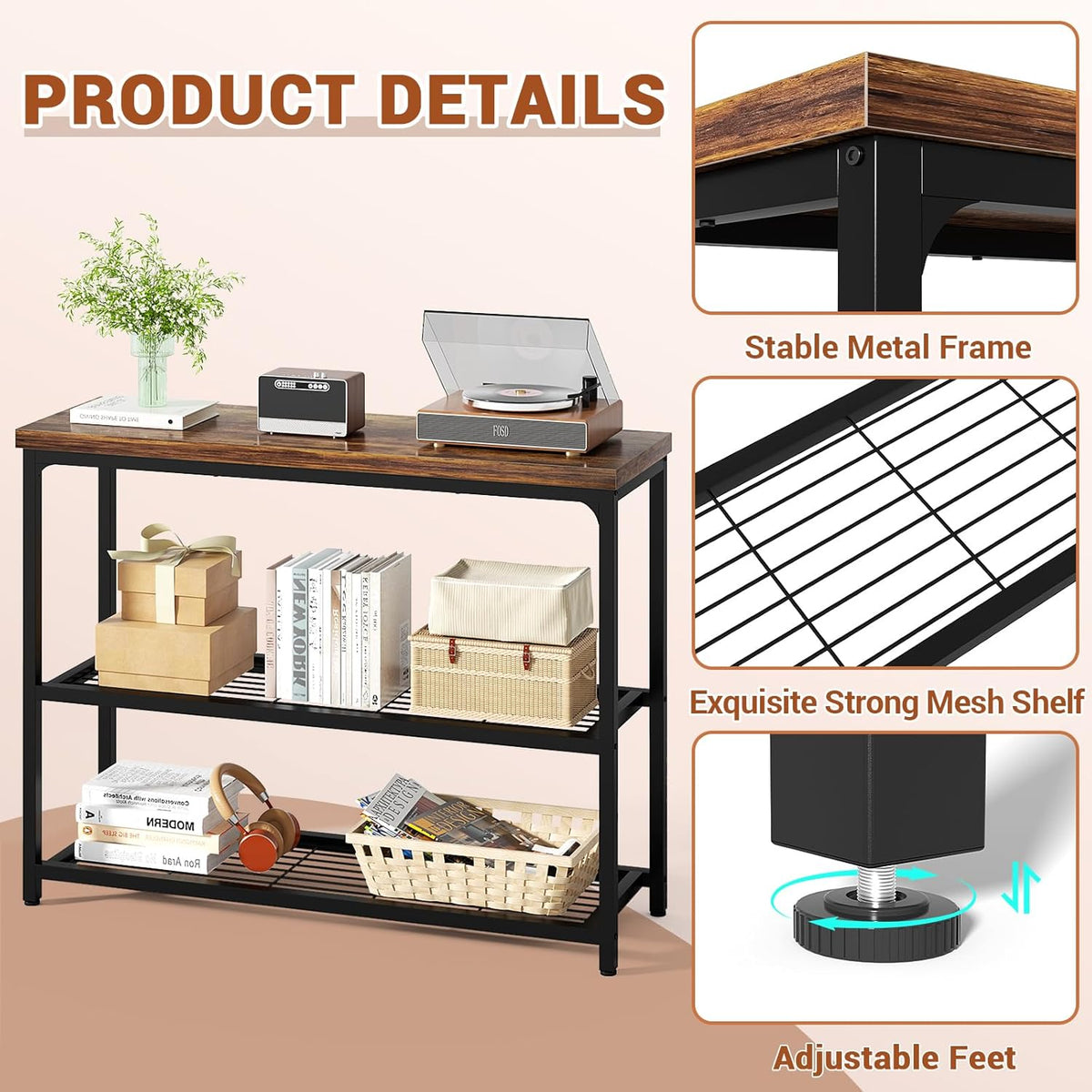 47" Console Table, 3-Tier Entryway Table, Sofa Table with Mesh Shelves, Console Tables for Living Room, Bedroom, Hallway, Entryway, Foyer, Rustic Brown