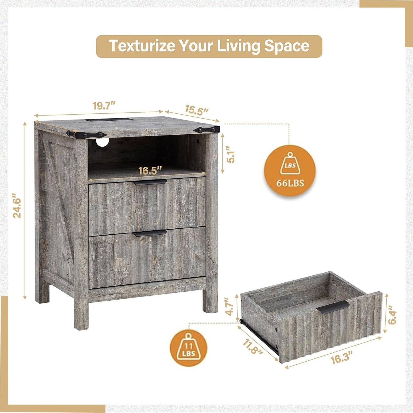 Grey Nightstand with Charging Station Set of 2-20 Inch Wide Farmhouse Fluted Bedside Table with 2 Drawers, Modern Wood End Side Table for Bedroom Study Storage Home