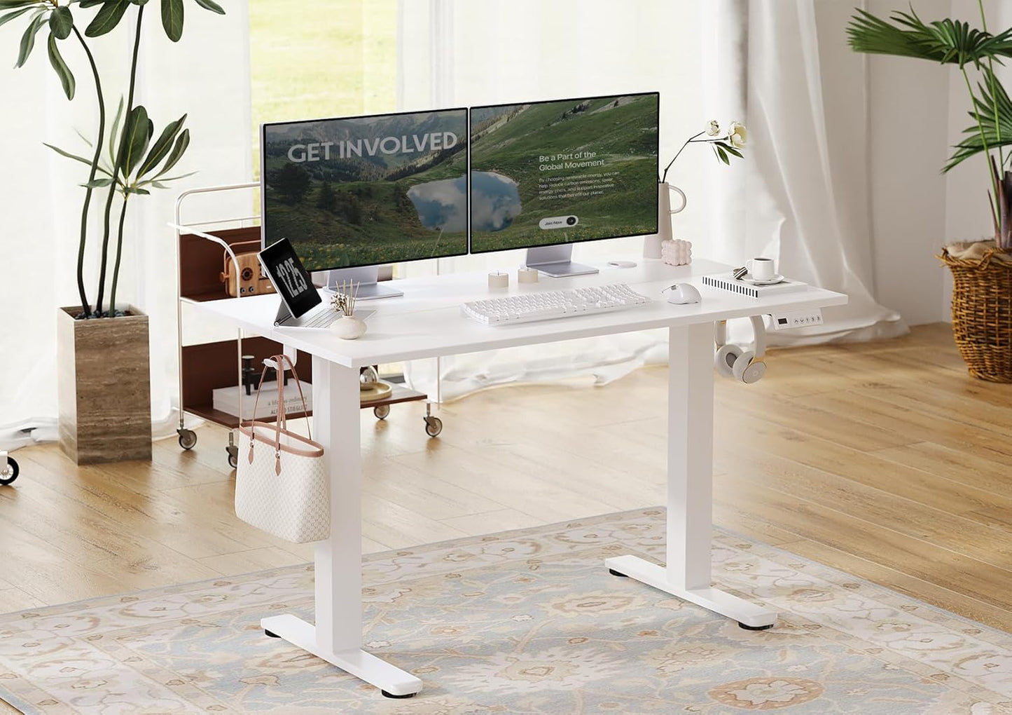 Seang Electric Standing Desk Adjustable Height, 48 x 24 Inch Sit Stand Desk with T-Shaped Frame, 3 Memory Presets & Cable Management for Home Office Computer Workstation, White Frame/White Top