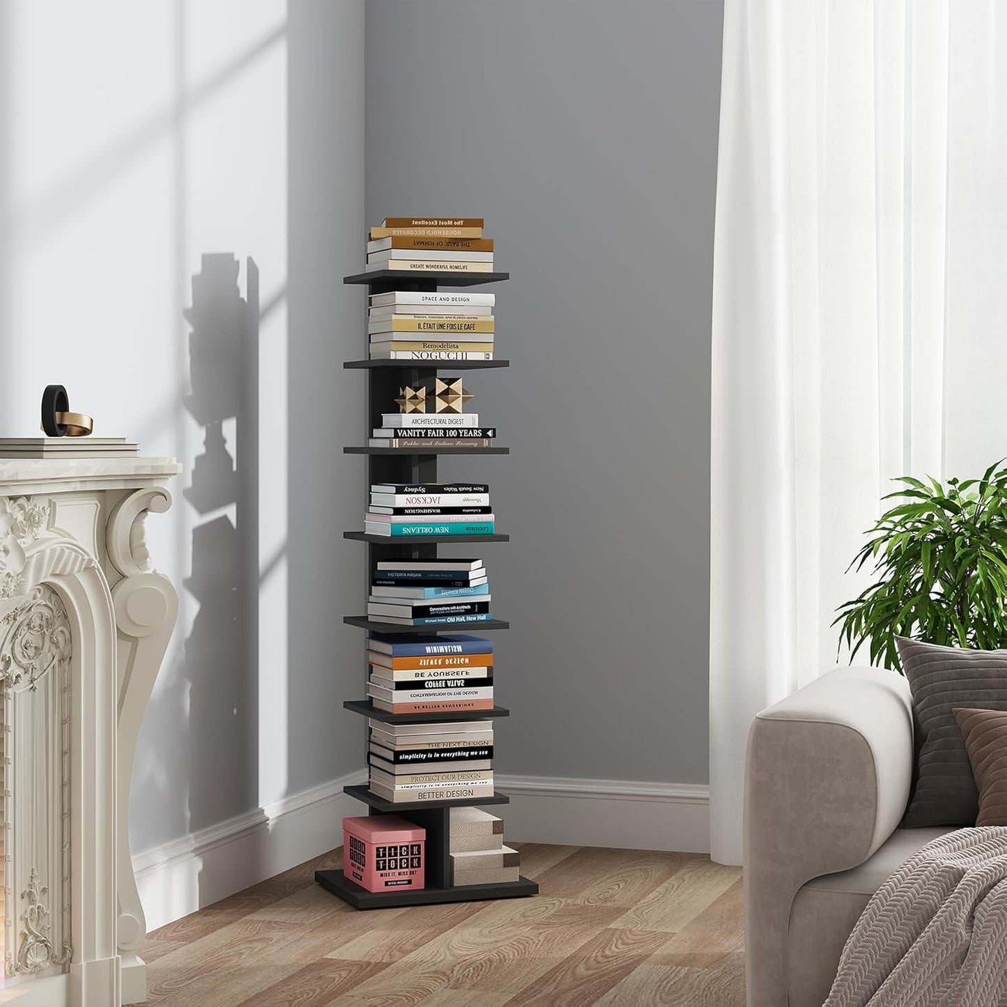 TUTOTAK Narrow Bookshelf, 8-Tier Bookcase, Spine Book Shelf for Small Space, Corner Standing Shelf for Living Room, Office, Study, Entryway, Black BS06BK008