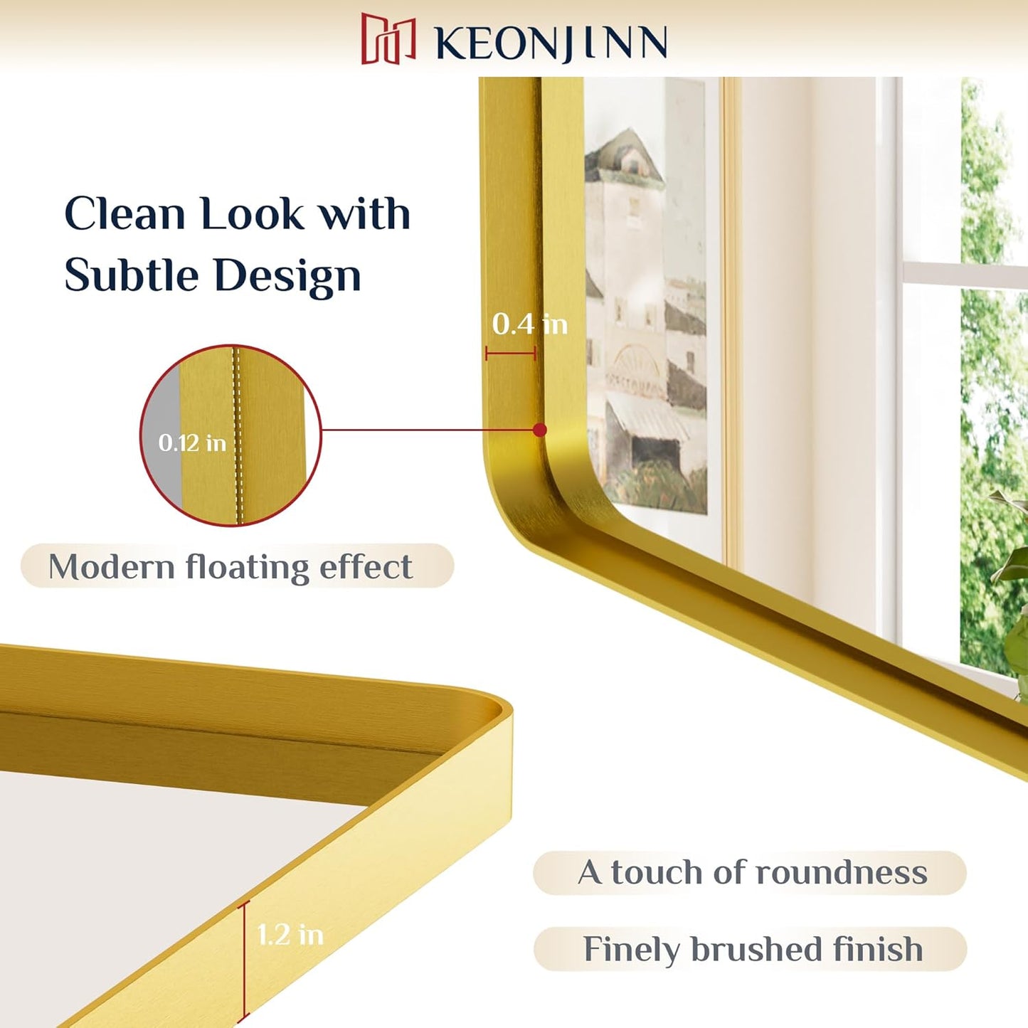Keonjinn Gold Bathroom Mirror for Over Sink, 30" x 30" Brushed Brass Mirror, Large Rounded Rectangle Gold Vanity Mirror with Metal Frame, HD Tempered Glass Square Wall Mirror(Horizontal/Vertical)