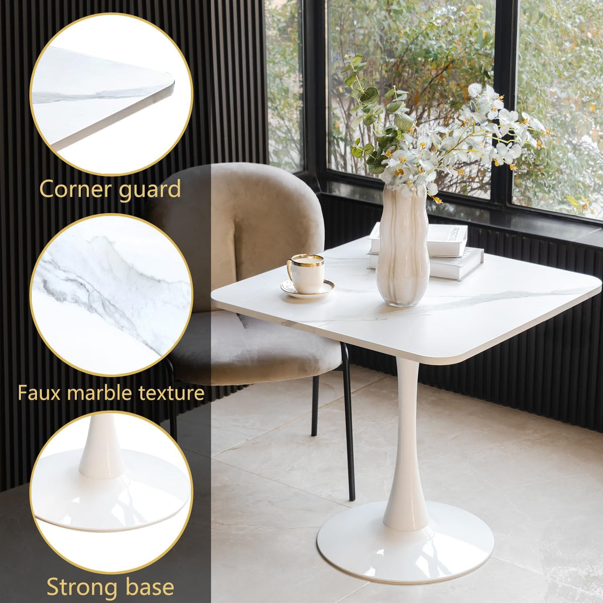 Square Modern Dinning Table 30 inches for 2-4 Bistro Tulip Table with Faux Marble top,Easy Assemble,Sturdy Metal Frame Diameter 30in*H28.74in(White, 30in)