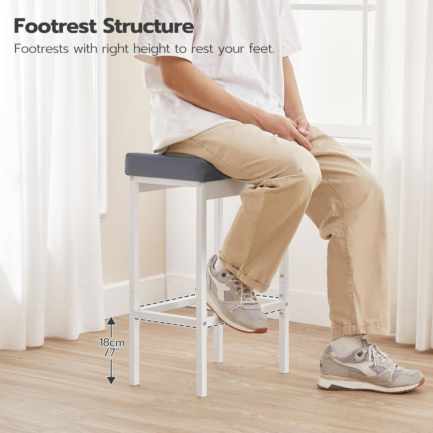 HOOBRO Bar Stools, 24.8-Inch Height Stools, Breakfast Bar Stools, Kitchen Bar Chairs, 2" Thick Upholstery, for Kitchen, Dining Room, Cafe, Bar Counter, White and Gray WG21BY01