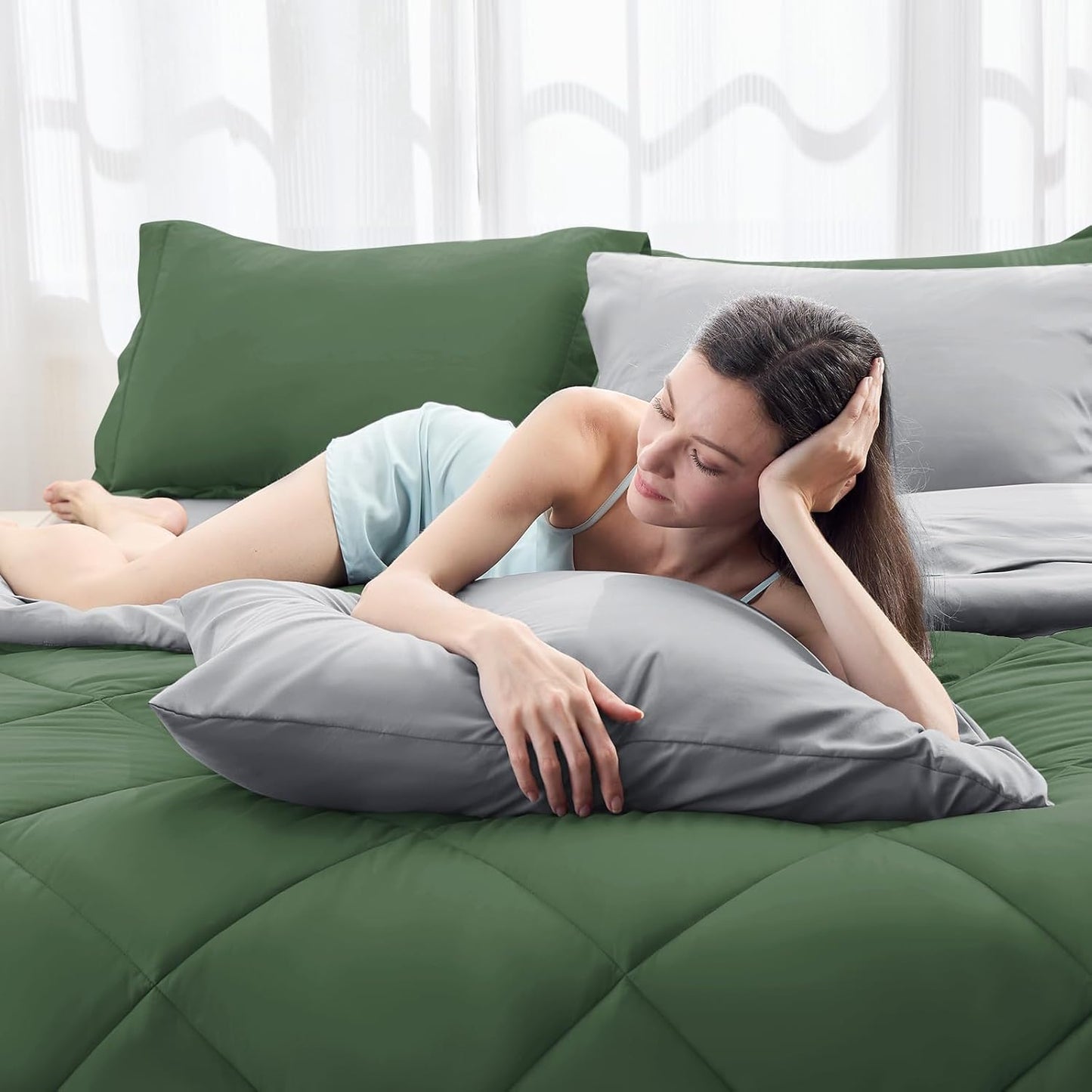 HEVUMYI Cali-King Comforter Set - 7-Piece All Season Bed in a Bag Cali-King, Ultra Soft Bedding Set with Comforter, Flat Sheet, Fitted Sheet, Pillowcases, Pillow Shams, Green & Light Grey