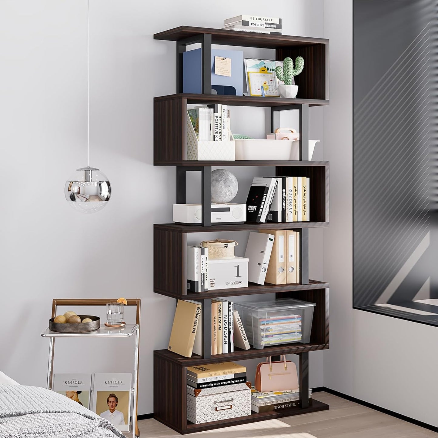 SORCEDAS Bookshelf Geometric Bookcase S Shaped Industrial Bookshelf Storage Display Stand Shelf for Living Room Bedroom and Office Room (Black, 6 Tier)