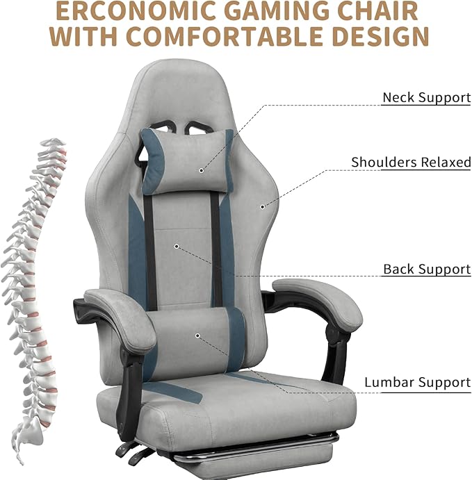 Breathable Fabric Gaming Chair with Footrest, Height Adjustable Game Chair, Video Gaming Chair for Gaming Room, Living Room and Office - Light Grey/Blue