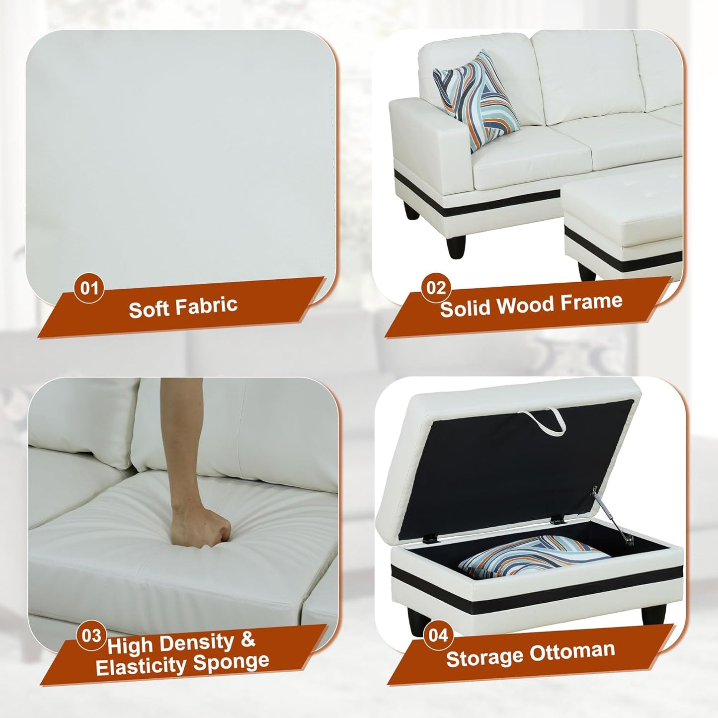 Osparple L Shaped Couch PU Leather Sectional Couch Upholstered 3 Pieces Sofas for Living Room with Chaise, Ottoman with Storage for Office and Small Apartment, Black and White