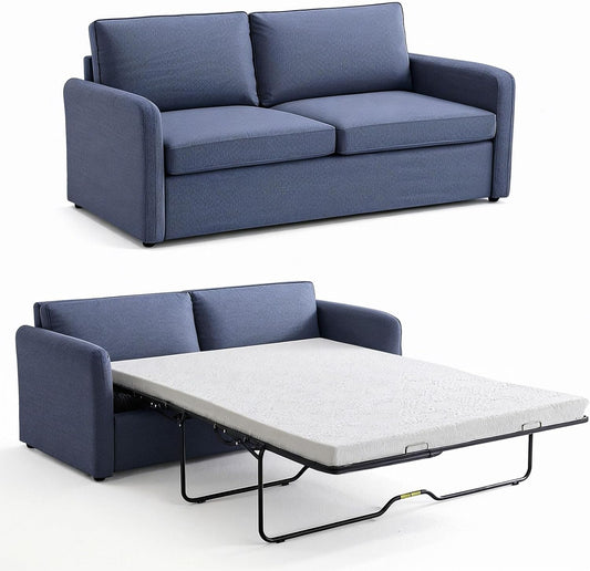 Queen Pull Out Sofa Bed, 2-in-1 Convertible Sleeper Sofa Couch with Memory Foam Mattress – Space-Saving Sofa Bed Queen for Living Room & Guest Room, Navy Blue