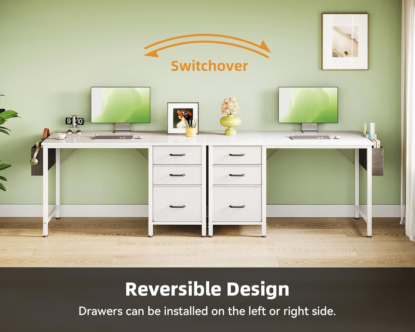 Casaottima 40 Inch Small Home Office Computer Desk for Bedroom with Fabric Drawers & File Cabinet, Cloth Storage Bag and Hook, Writing Study Work Desk for Small Space, Snow White