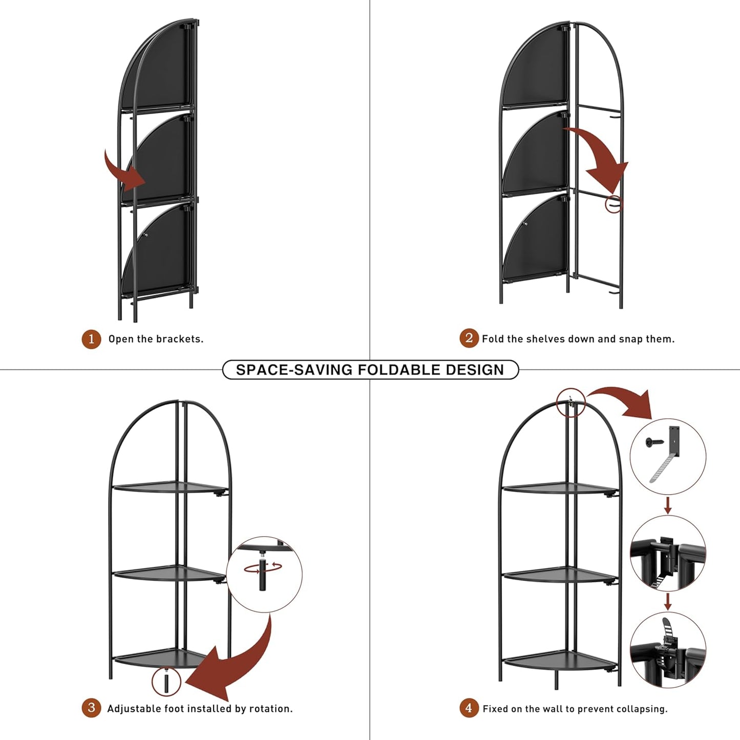 Crofy Foldable 3 Tier Corner Shelf, Metal Corner Plant Stand with Black Frame and Black Shelves, Corner Display Rack Multipurpose Shelving Unit for Living Room, Bedroom, Bathroom