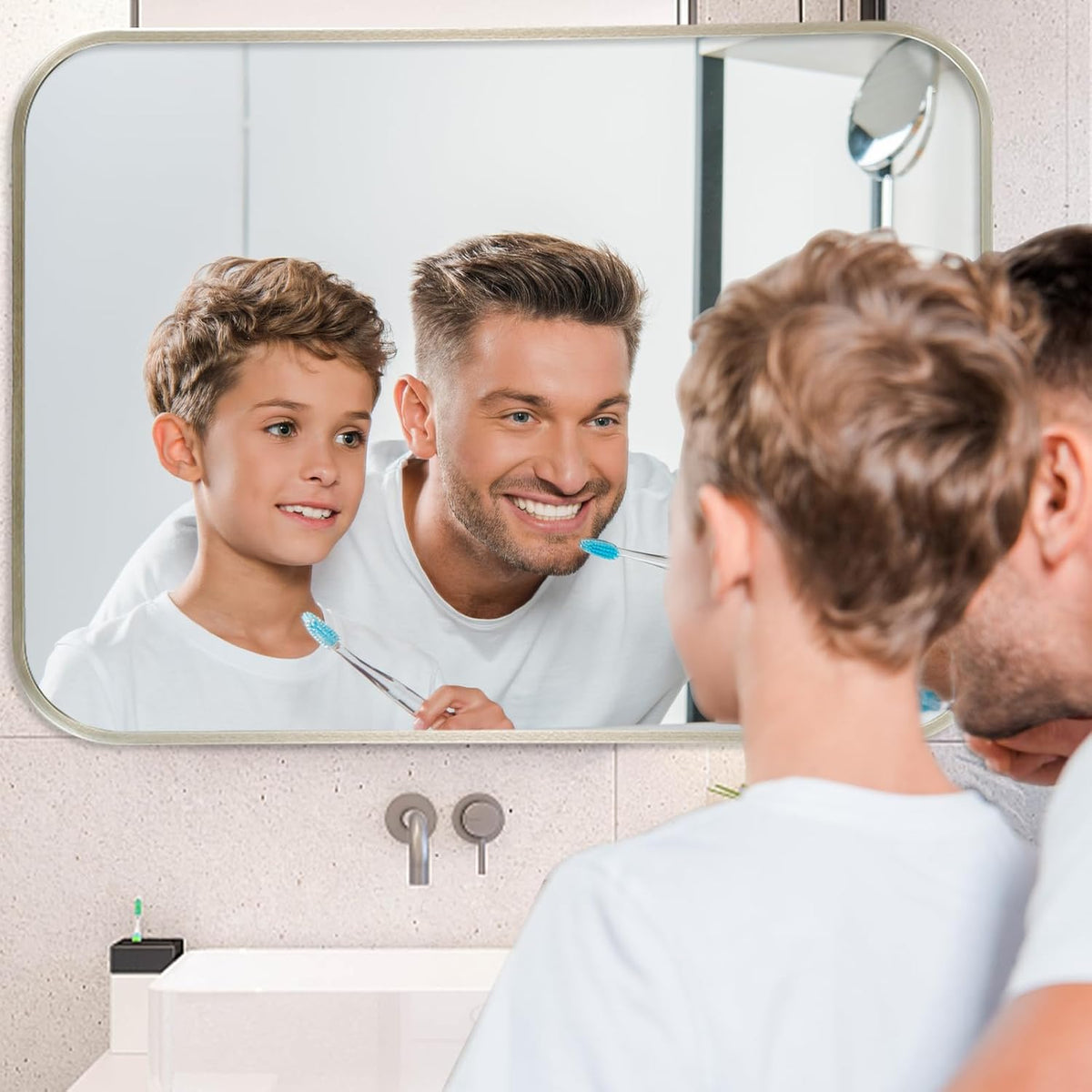 30x36 Inch Brushed Nickel Bathroom Mirror, Framed Rectangle Mirror with Rounded Corner, Brushed Mirror, Silver Bathroom Mirror for Over Sink, Vanity, Living Room, Bedroom, Horizontal/Vertical
