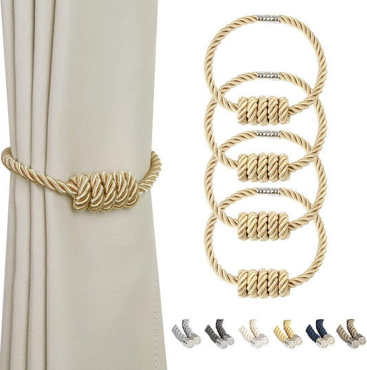 BEL AVENIR Magnetic Curtain Tiebacks, Decorative Drapery Holdbacks Modern Woven Tie-Backs with Exquisite Knot (Gold, 4 Pack)