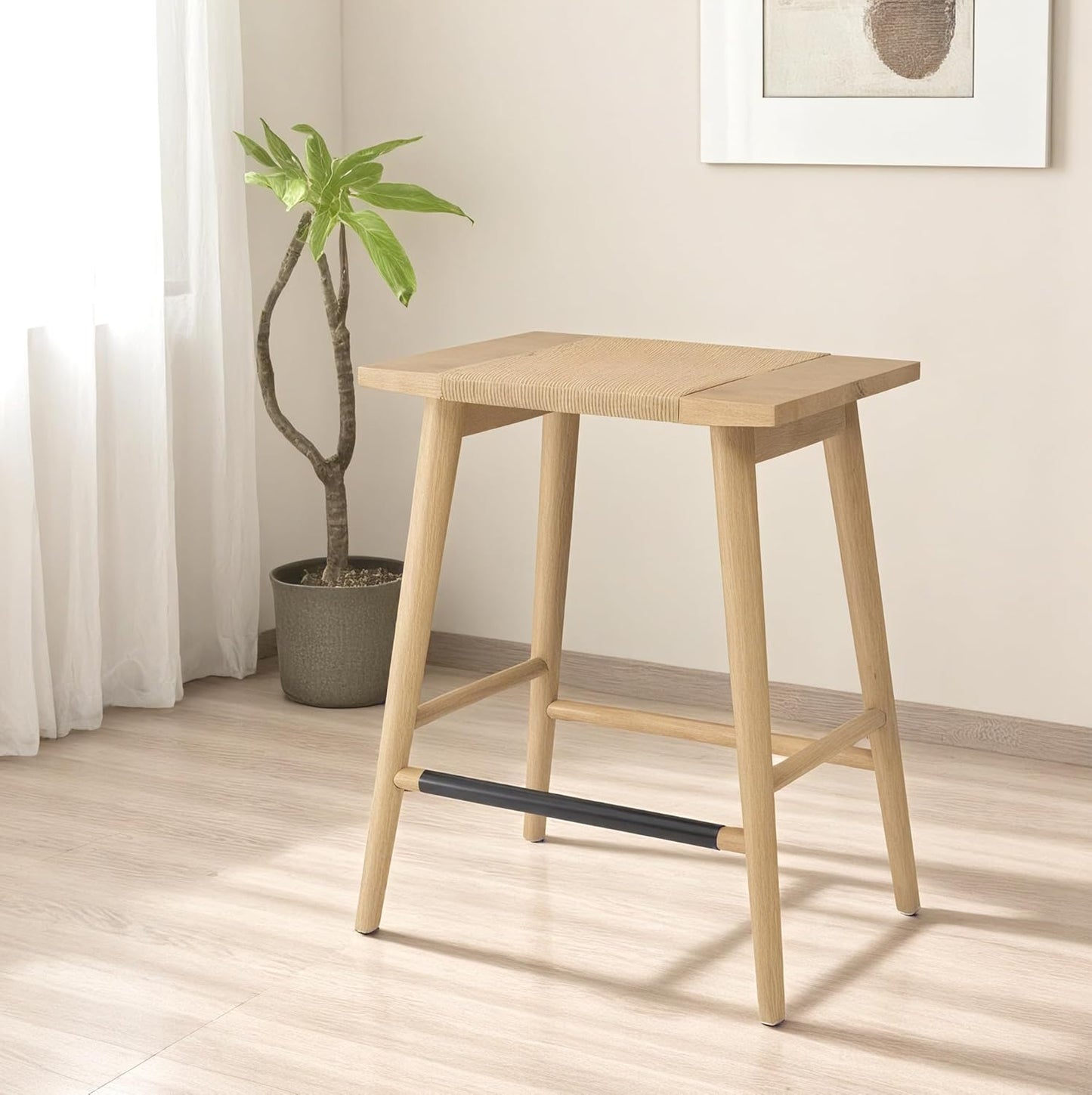 Thor Wicker Counter Height Wooden Counter Stool with Hand-Knitted Rope, K/D, Backless Island 24" Wicker Stool for Kitchen, Light Oak, Solid Wood, Eco-Friendly, Modern Design (Light Oak)