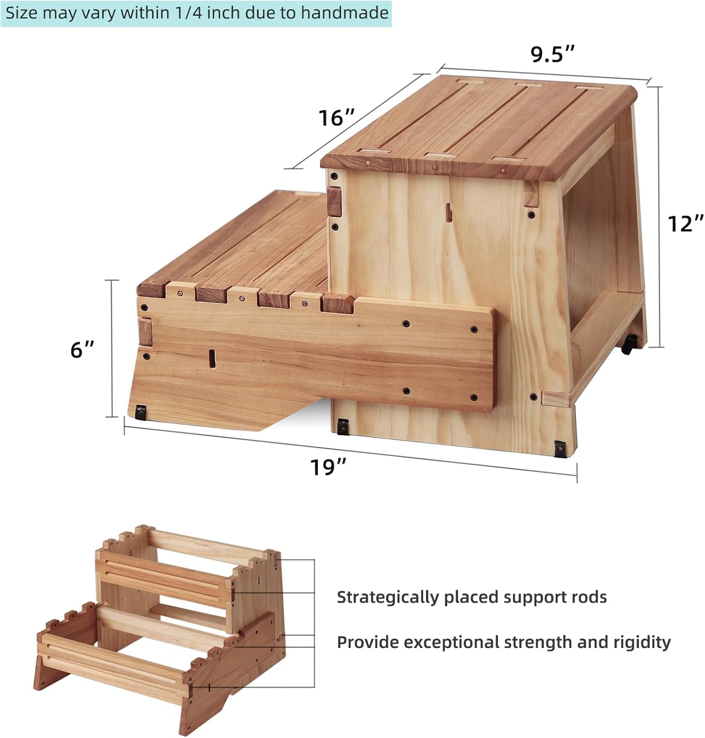 16" Wooden Two Step Stool for Adult & Kid, Wider, Deeper & Safer Bedside Steps, Anti-Slip. Riser 2-Step Spa & Hot Tub Stairs for Pool, Heavy Duty for Kitchen, Bathroom, Closet, High Bed Step