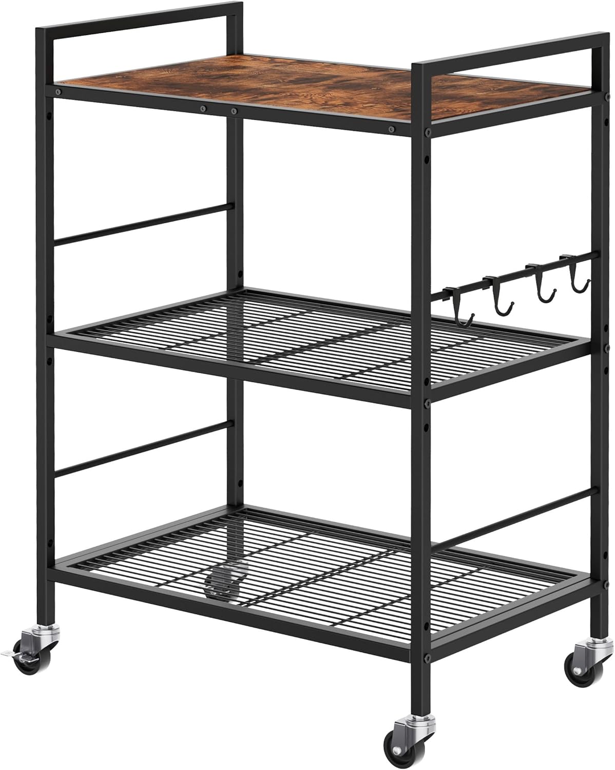 3-Tier Metal Storage Rack with Industrial Wheels,Mesh Shelving Unit with Wooden Table top,Adjustable Shelf,23.6-Inch Width,15.8-Inch Depth, for Kitchen, Laundry,Pantry,Plant,Black