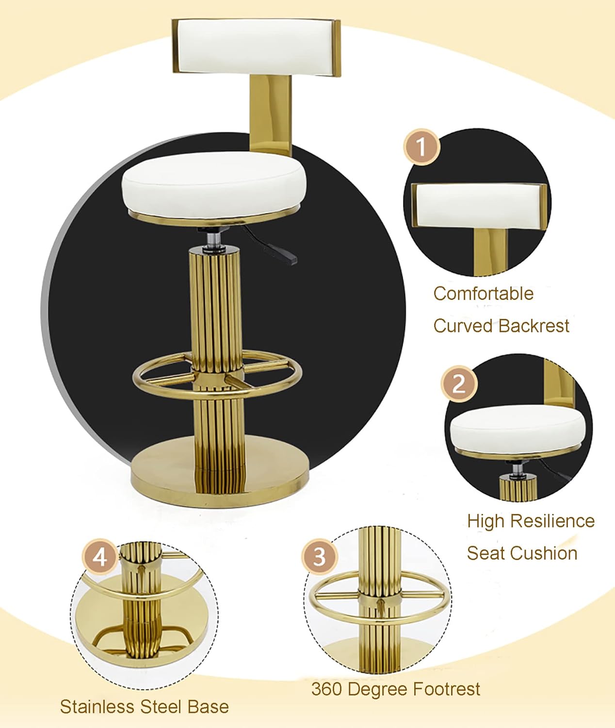 FUNROLUX Counter Height Bar Stools with Back, Modern Adjustable Height Barstools Swivel Bar Chairs with Polished Gold Stainless Steel Legs and Comfortable Cushion for Kitchen Island Counter (White)