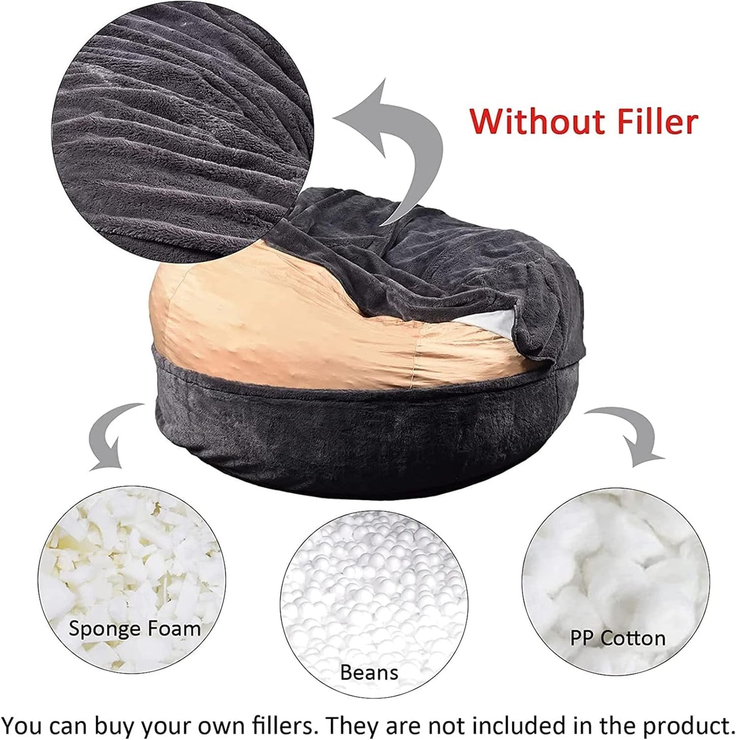 Giant Fur Bean Bag Chair Cover for Kids Adults, (No Filler) Living Room Furniture Big Round Soft Fluffy Faux Fur Beanbag Lazy Sofa Bed Cover (Red, 7FT)