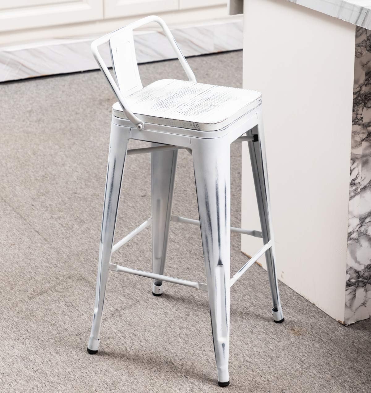 Yongchuang 30 inch Bar Stools Set of 4 Bar Height Metal Barstools with Wood Seat Distressed White Low Back Kitchen Bar Chairs