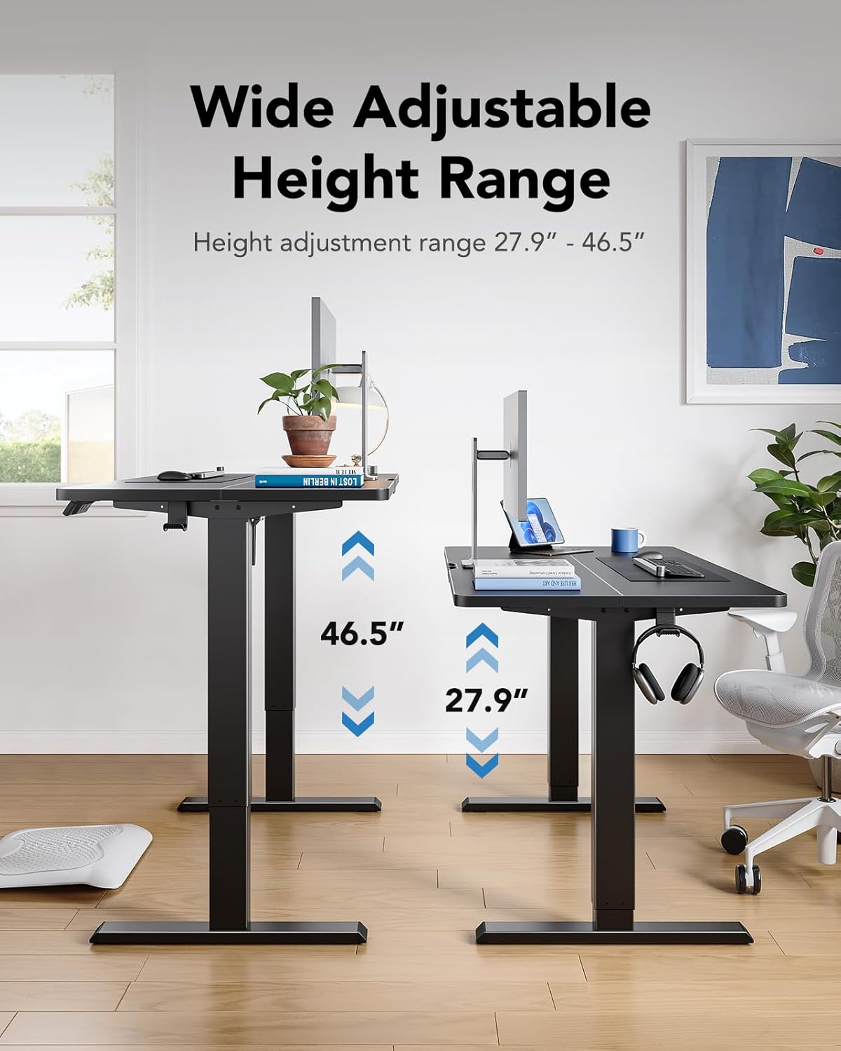 HUANUO 40" x 24" Electric Standing Desk Adjustable Height, 4 Memory Height Settings, Headphone Hook, Cable Manager, Sit Stand Up Desk for Home Office & Computer Workstation, Black