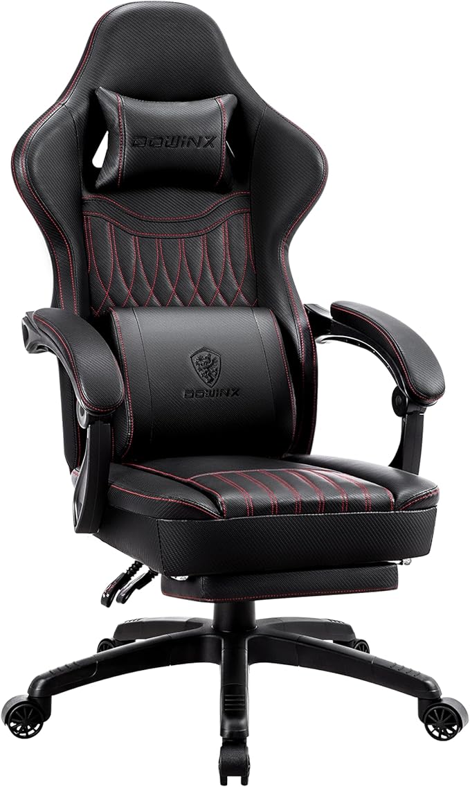 Dowinx Gaming Chair Breathable PU Leather Gamer Chair with Footrest Massage Lumbar Support, Big and Tall Ergonomic Reclining Computer Chair with Pocket Spring Cushion for Adults Teens(Black)
