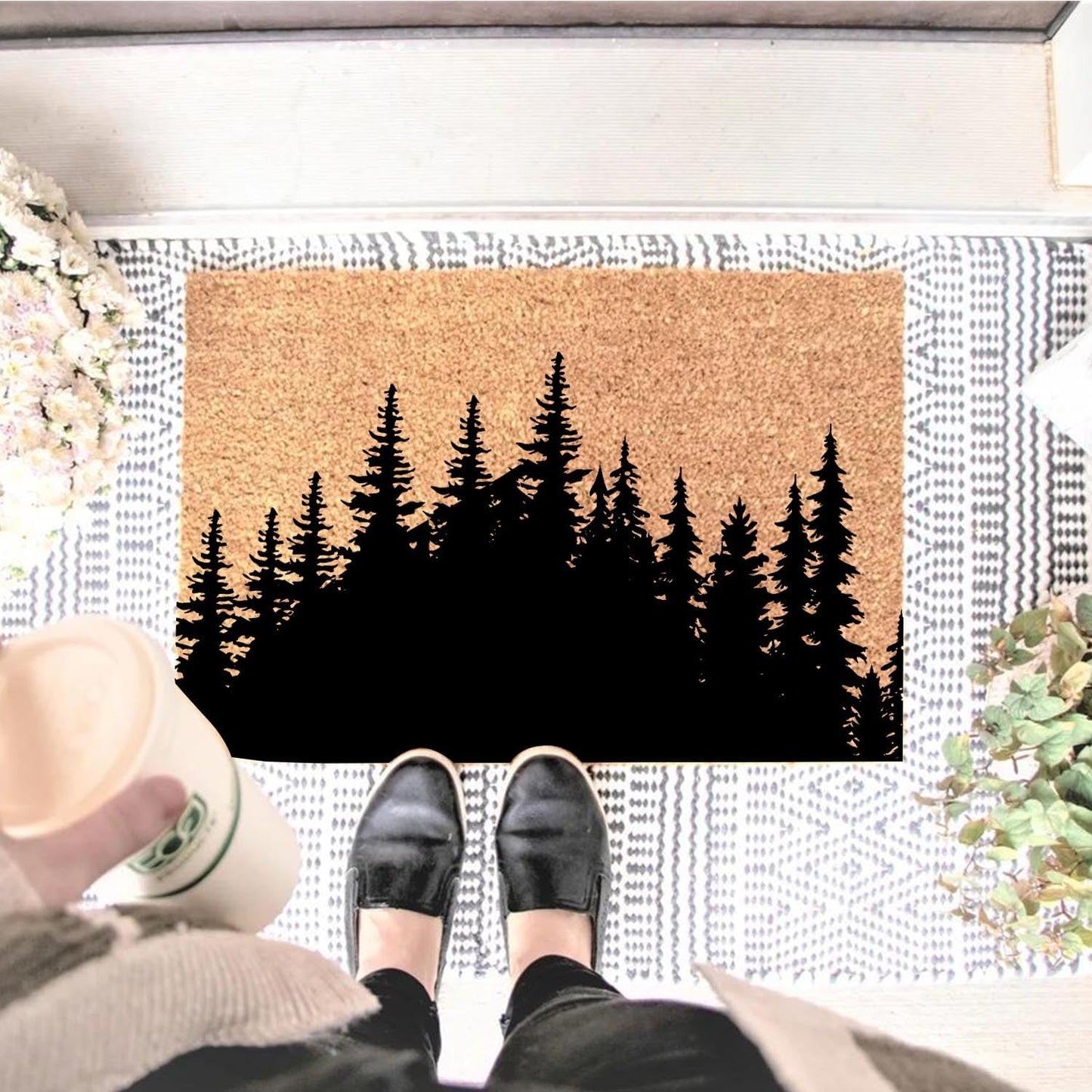 Funny Coir Doormat Tree Line Forest Landscape Front Door Mats Entryway Outdoor Mat with Heavy Duty Front Porch Welcome Mats Entry Natural Coir Brown Prank Novelty Gift Outdoor Mat 23.7x15.7 inch