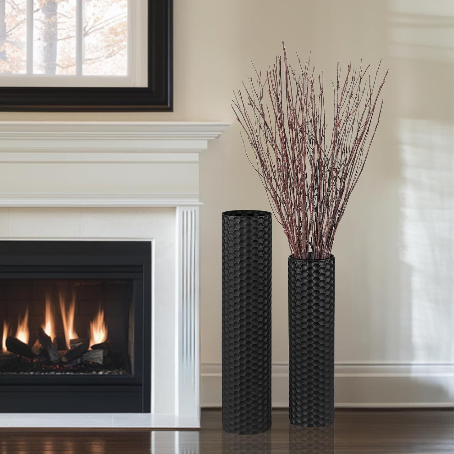 Sziqiqi Black Tall Floor Vase: 27.6/21.7in Metal Cylinder Vases Extra Large Decorative Vase Set of 2 Living Room Modern Honeycomb Texture Big Standing Decor for Dining Bedroom Home Corner Indoor