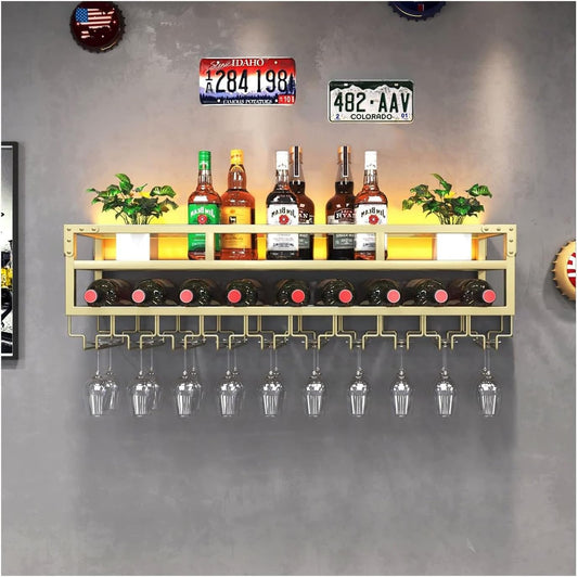 LED Wine Rack Wall Mounted, Industrial Metal Wall Wine Shelf & Glass Holder, Large Floating Shelves Wine Bottle Storage Display Rack for Home Bar Dining Room Decor(Gold, 31.5 x 9.8 x 10.6 inch)