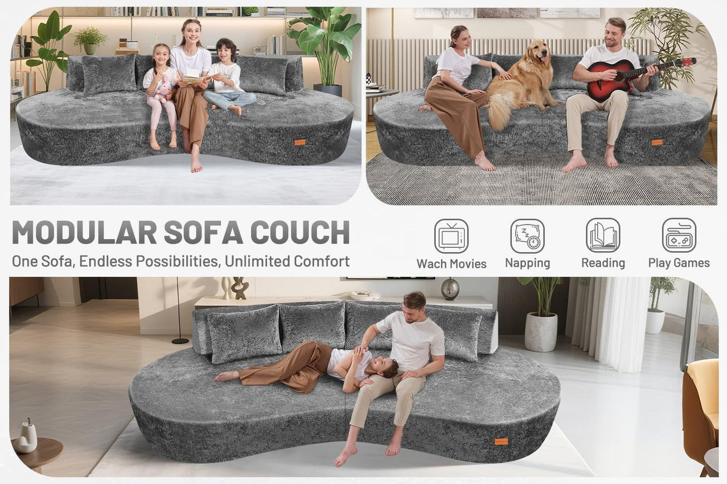 Homguava 104'' Modular Sectional Sofa,Curved Modern Sofa with Memory Foam,Deep Seat Cloud Couch with 4 Pillows,Upholstered Oversized Couches for Living Room Apartment Office,No Assembly Required,Grey