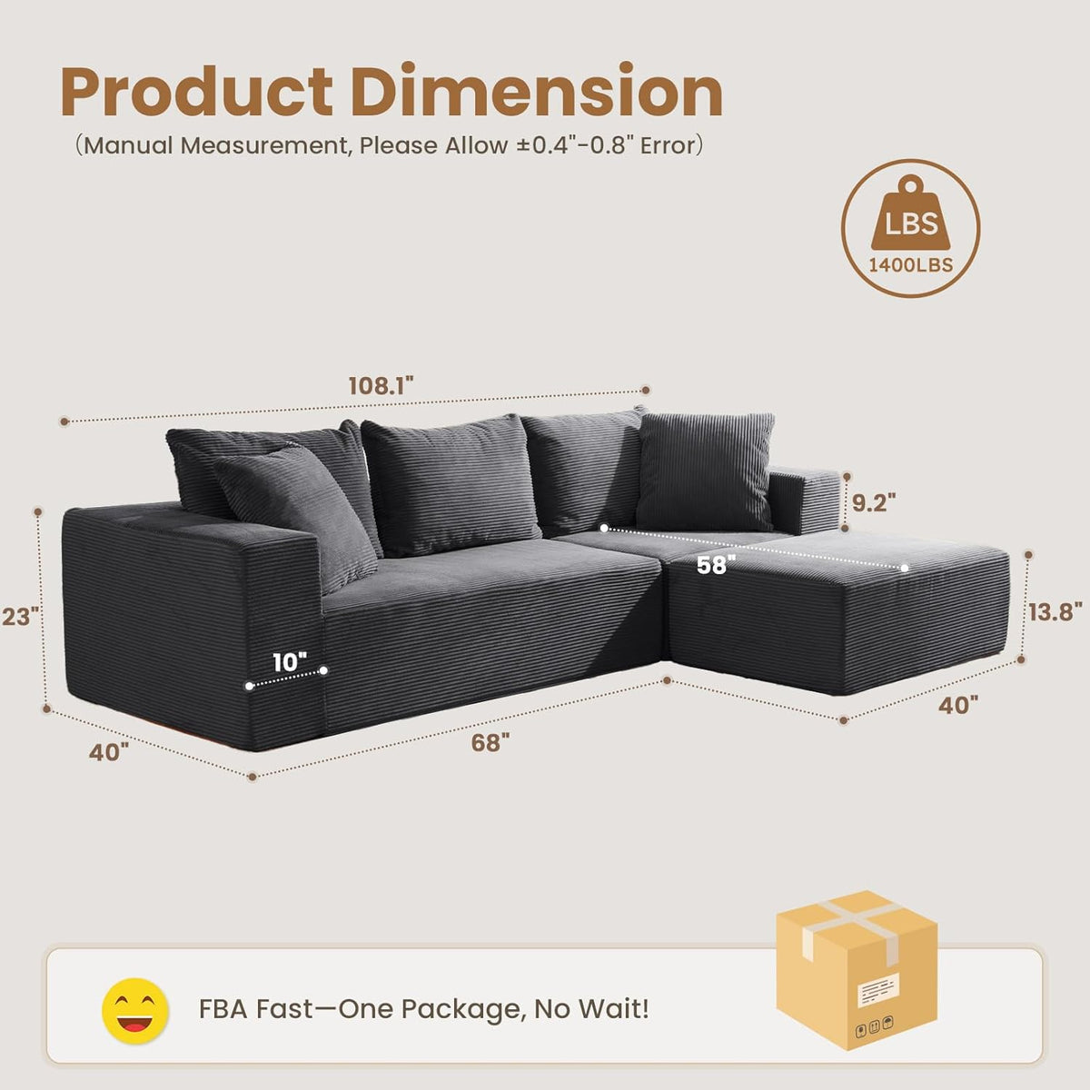 Modular Sectional Sofa, 108" L-Shaped Boneless Couch with Deep Seat, Corduroy Cloud Couch for Living Room, Bedroom, No Assembly Required, Ship in a Box, Grey