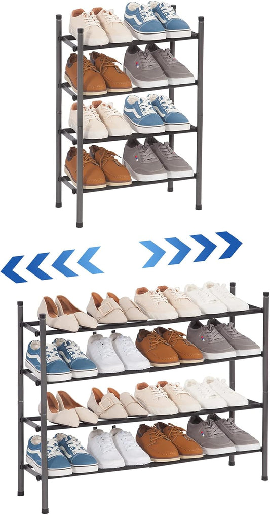 STORAGE MANIAC Expandable Shoe Rack, 16 Pairs Stackable Small Shoe Rack, Metal Adjustable Shoes Organizer for Closet, Entryway, Hallway, Garage, Front Door, Shoes Shelves, Black 4 Tier