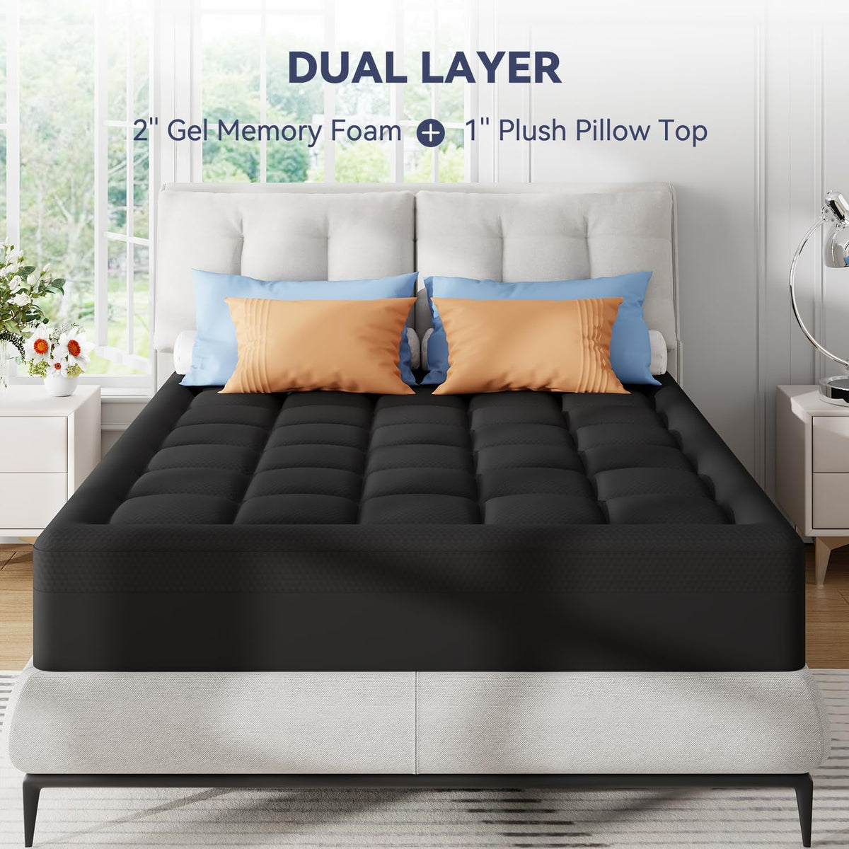 ELEMUSE Dual Layer 3 Inch Memory Foam Mattress Topper Queen Size, 2 Inch Cooling Gel Memory Foam Plus 1 Inch Down Alternative Pillowtop Mattress Pad with Cooling Cover, Soft Comfort Support,Black
