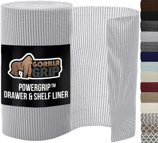 GORILLA GRIP powerGRIP Drawer Shelf and Cabinet Liner, Thick Strong Hold, Non-Adhesive Liners Protect Kitchen Cabinets and Cupboard, Bathroom Drawers, Easy Install, Breathable Mat, 12" x30' Light Gray