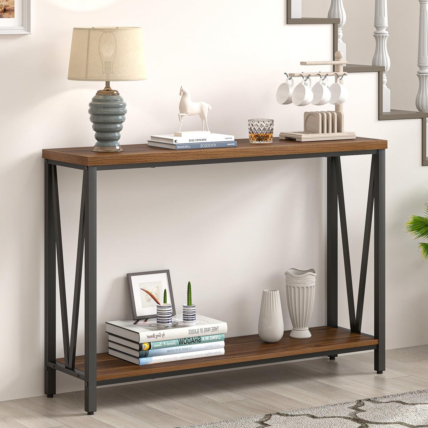 FOLUBAN Entryway Table, Narrow Console Table, Modern Sofa Table for Living Room, Hallway, Behind Couch (Rustic Walnut)