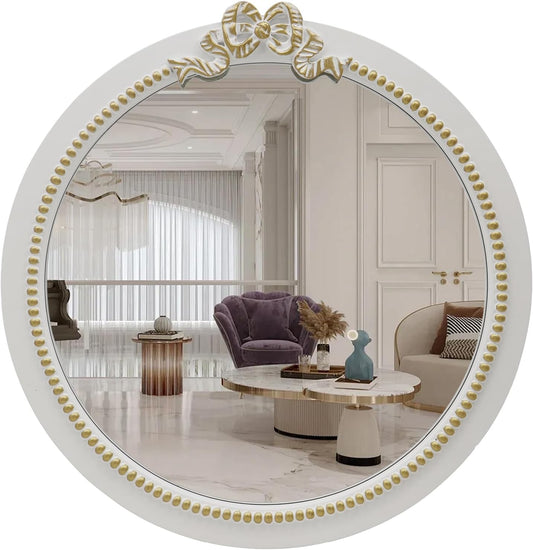 Vintage Round Wall Mirror 28inch Farmhouse Wooden Vanity Mirror for Wall Decor, Decorative Antique White Bathroom Mirrors, Traditional Art Home Decor for Dressing Table, Living Room or Bedroom