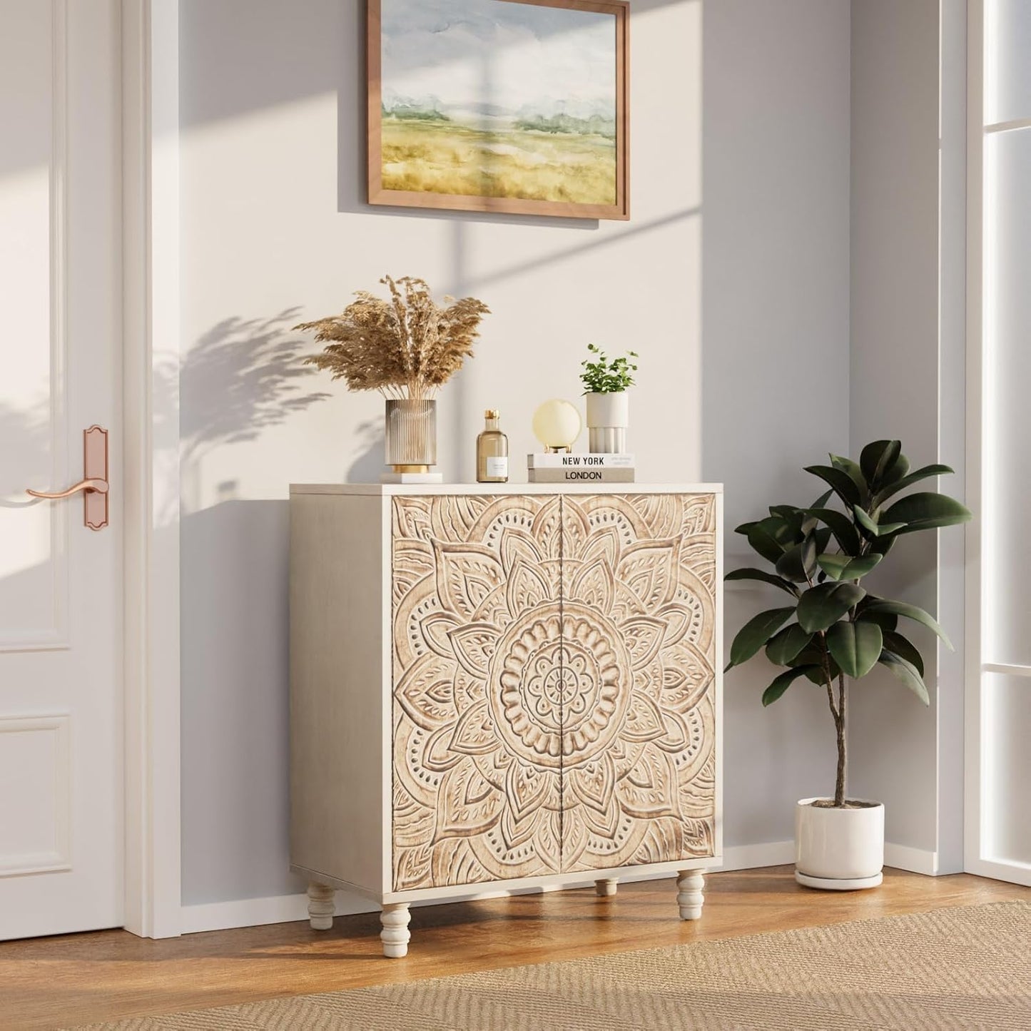 COSIEST 32" W Sideboard Buffet Cabinet with Storage, Accent Cabinet with 2 Push-to-Open Magnetic Doors, Vintage MDF Buffet Table for Living Room, Kitchen, Hallway (Gray,Lotus Pattern)