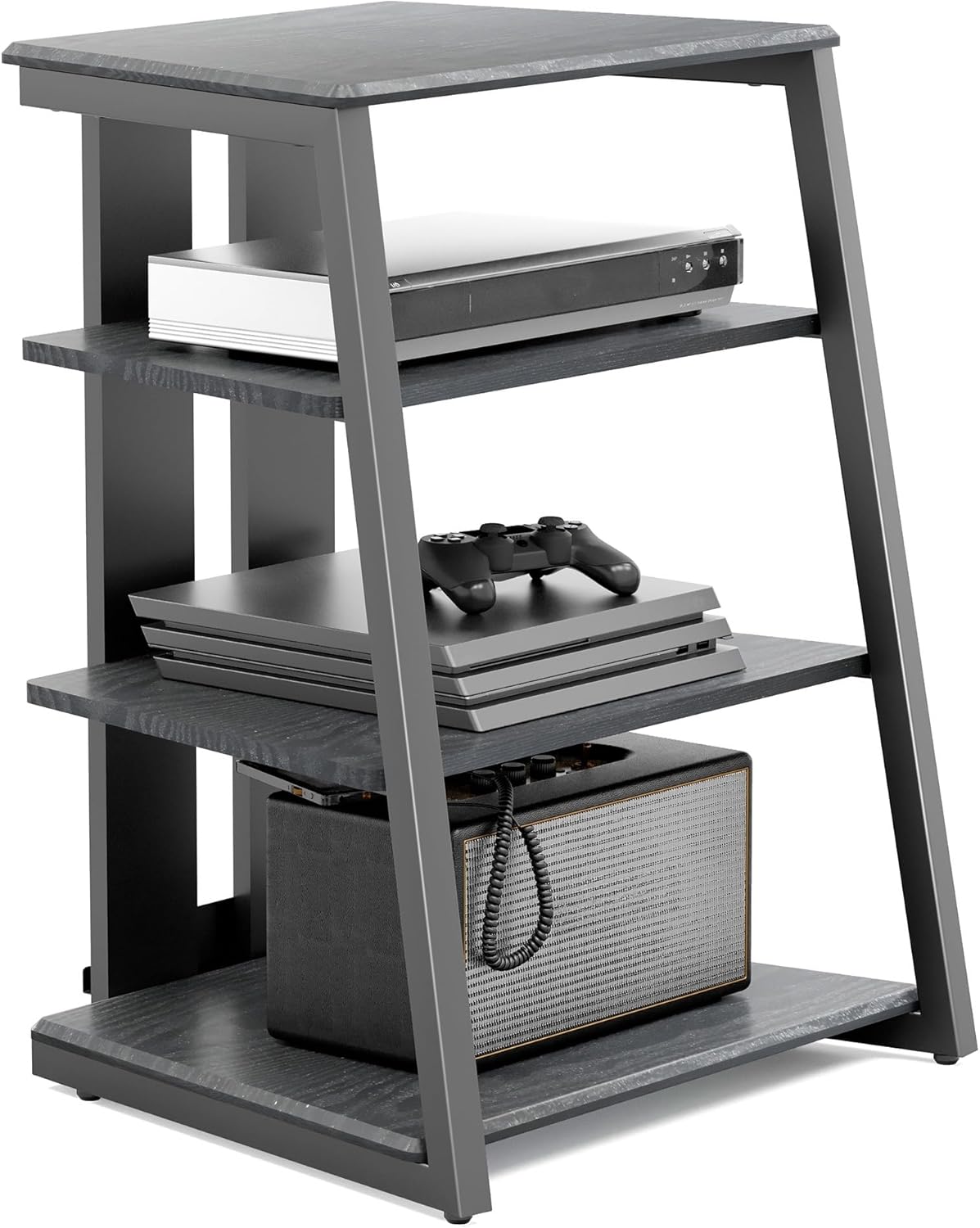 FITUEYES Design 4-Tier AV Media Stand Corner Shelf Stand Wooden Corner Shelves Component Cabinet Stereo Rack Audio Tower with Height Adjustable Wooden Shelves for/Xbox One/ps4 (Black)