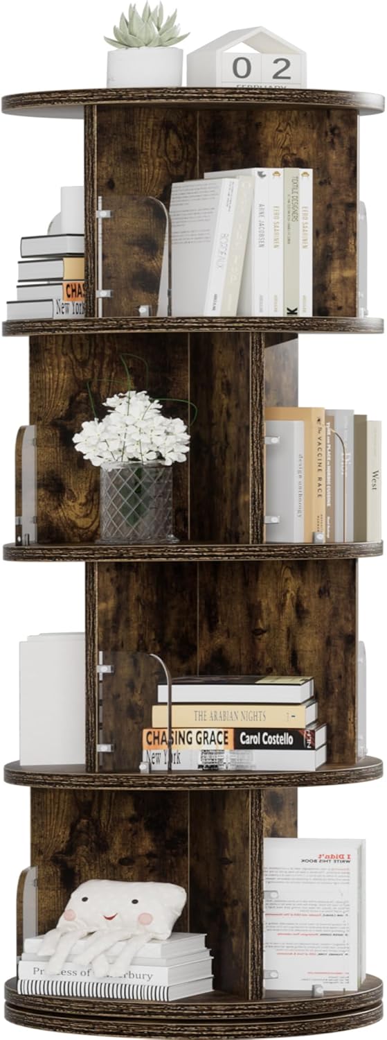 VECELO 4 Tier Revolving Bookshelf Tower, 360° Display Floor Standing Storage Rack with Acrylic Visible Window Partition for Bedroom, Living Room Home and Office, Brown