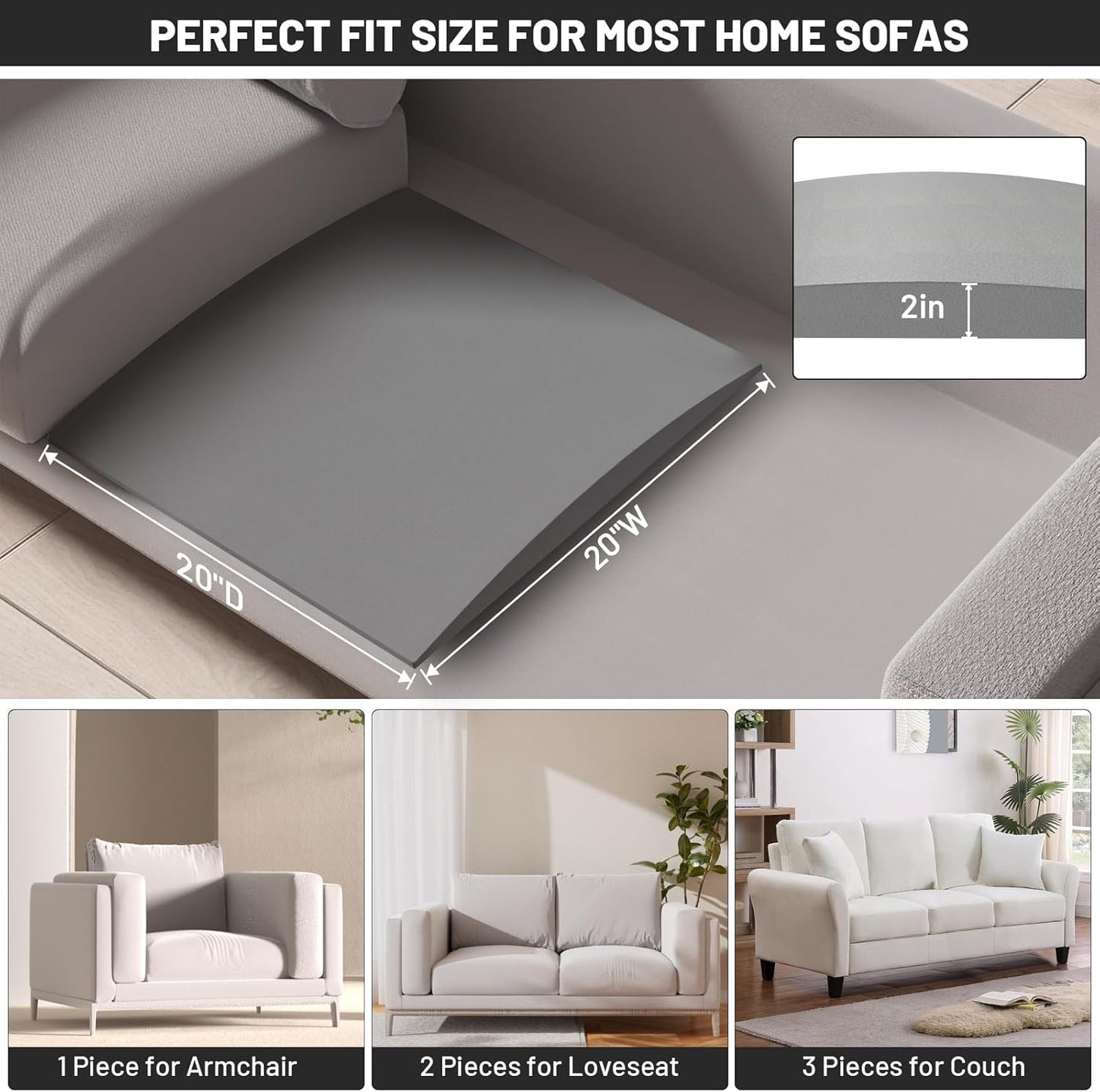 Couch Cushion Support for Sagging Seat - 20" x 20" High-Density Curved Foam Sofa Cushion Support Board, Couch Supporter for Under The Cushions, Grey Set of 1