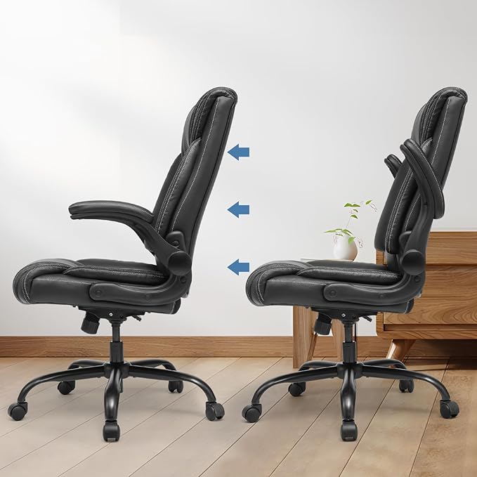 OUTFINE Flip-up Arms Office Chair 300lbs Executive Chair Swivel Office Chair with hydrolysis-Resistant Leather Spring Cushion Thick Padding and Ergonomic Design (Black, Flip Arm Medium)