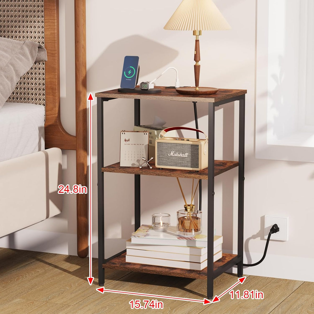 X-cosrack Side Table with Charging Station, End Table with USB Ports and Outlets, Nightstand with Storage Shelves for Small Space, Sofa Couch Table Bedside Table for Living Room Bedroom