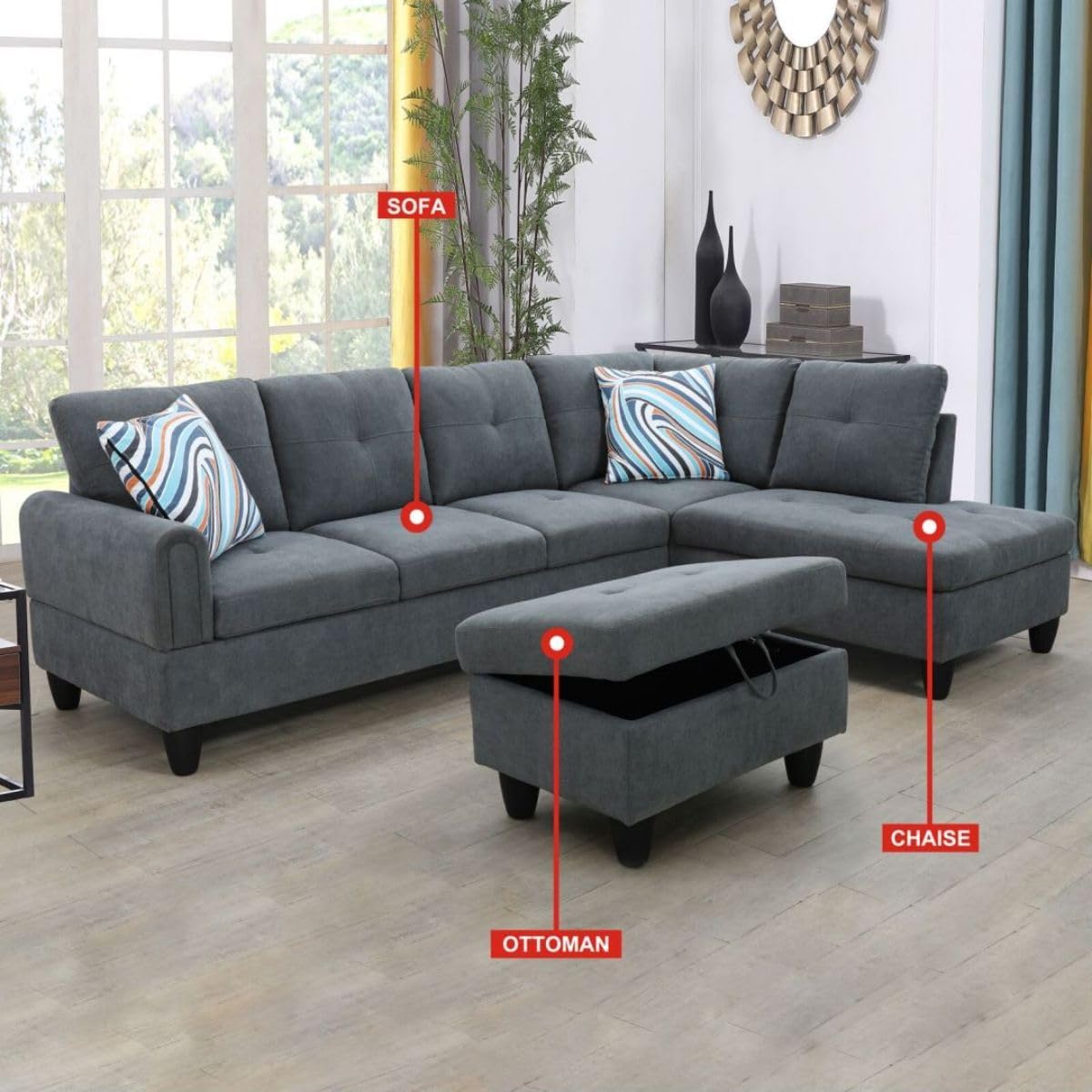 Dark Grey L-Shaped 3-Piece Flannel Sofa with Storage Ottoman Set, Sectional Couch Sofa Set for Living Room, Office, Small Space