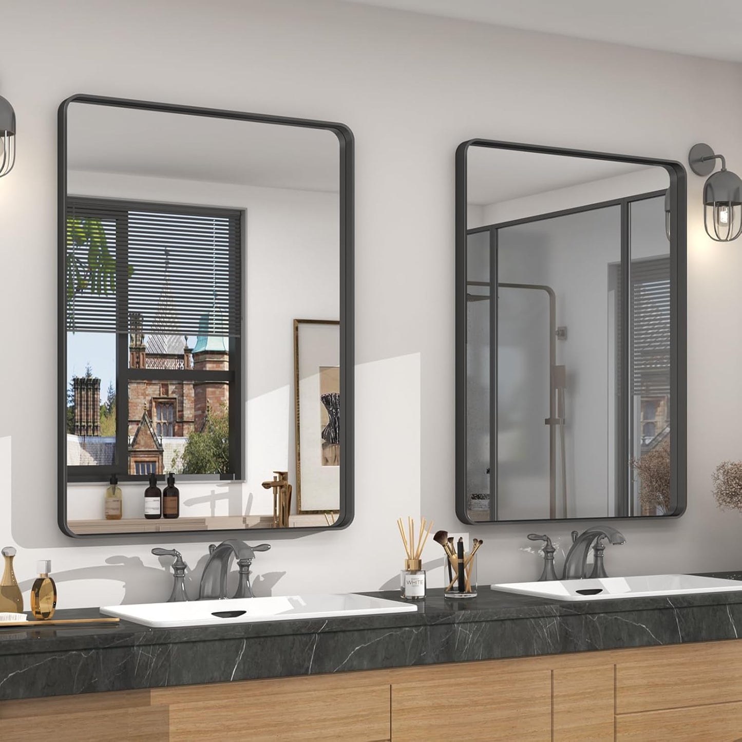 2 Pack of 22x30 Inch Black Metal Framed Bathrrom Mirror, Black Matte Rounded Rectangle Bathroom Vanity Mirror, Anti-Rust, Hangs Horizontally or Vertically