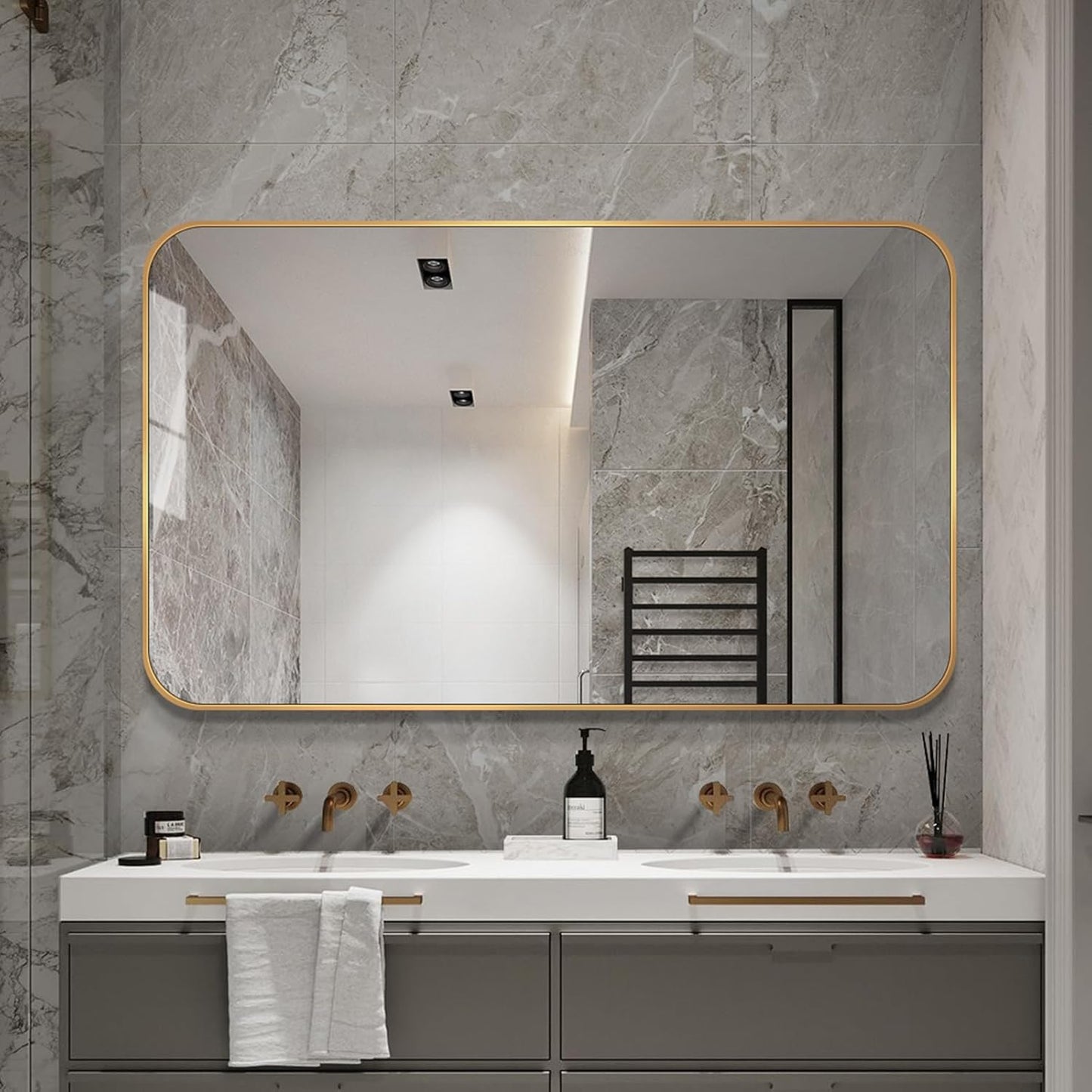 Large Modern Bathroom Mirror with Black Frame, 5mm Copper Free Silver Mirror,Black Frame, Easy Installation (Golden, 30" L x 24" W)