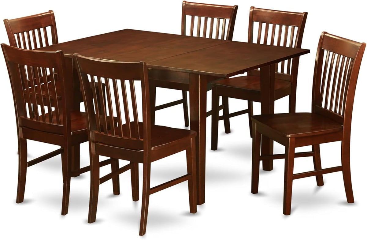 East West Furniture PSNO7-MAH-W 7 Piece Dining Table Set Consist of a Rectangle Dining Room Table with Butterfly Leaf and 6 Wooden Seat Chairs, 32x60 Inch, Mahogany