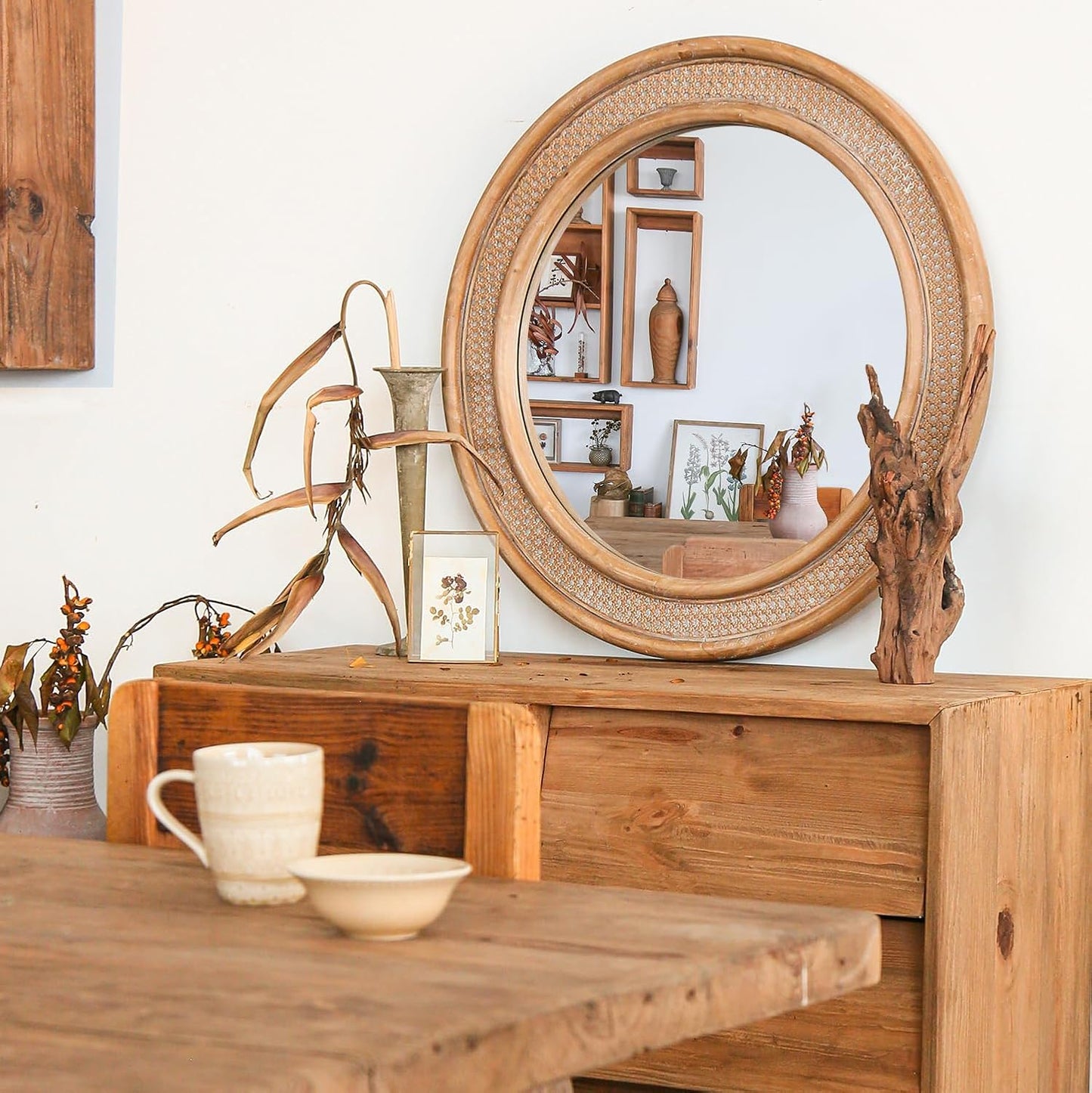 Micasso Round Rattan Wall Mirror: 30" Purely Handmade Wooden Frame Wicker Mirror - Rustic Shabby Chic Boho Bamboo Mirrors for Farmhouse/Bathroom/Bedroom/Living Room/Entryway/Home Decor