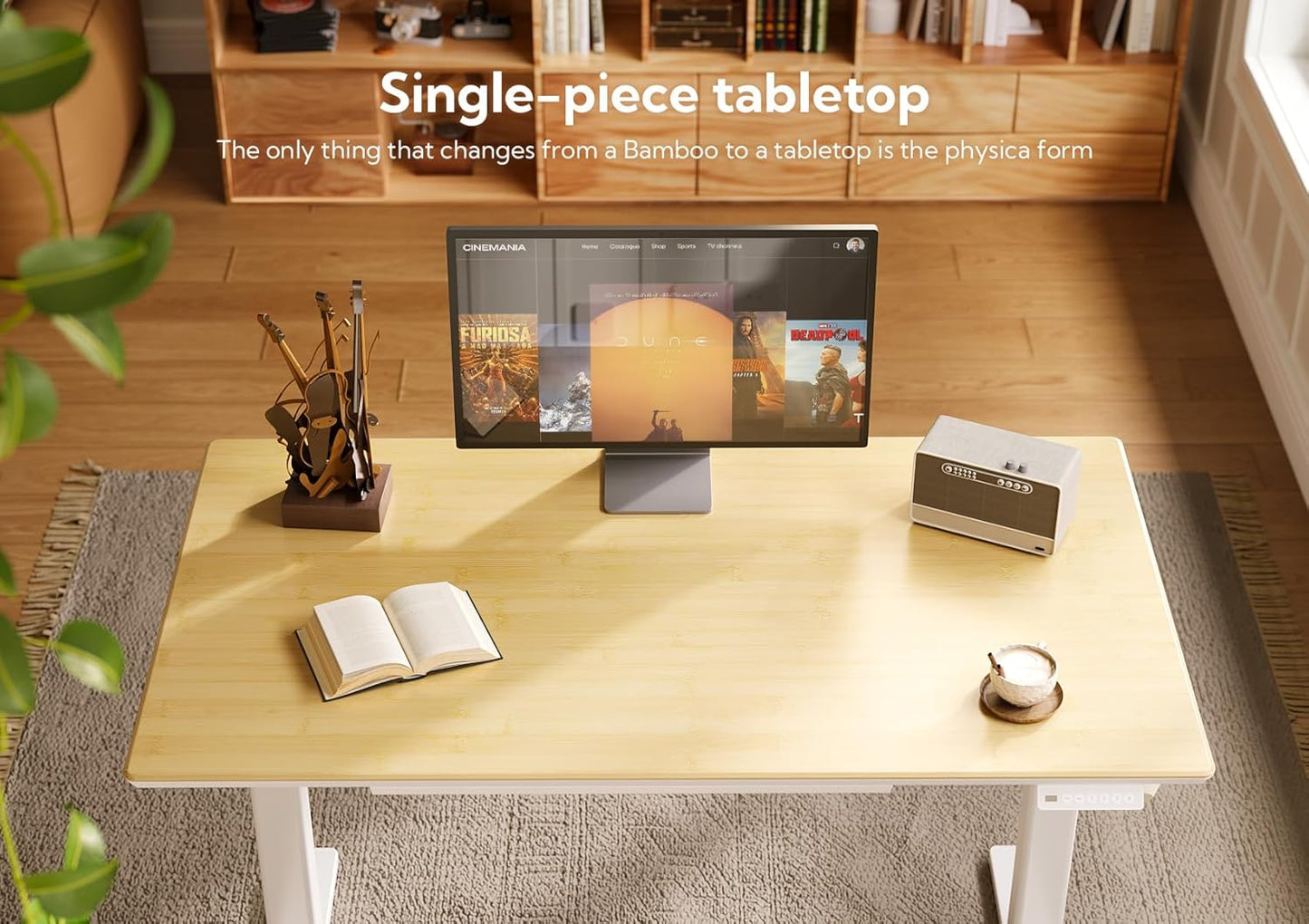 INNOVAR Bamboo Standing Desk with Drawers, 55" Adjustable Stand Up Electric Home Office Desk with Whole-Piece Board, White Frame/Bamboo Top