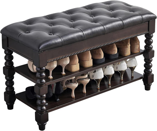 Shoe Storage Bench, Entryway Shoe Rack with Leather Seat 2-Tier Lift-top Organizer Wooden Bench for Foyer Bedroom Living Room Accent Furniture (31.5'')
