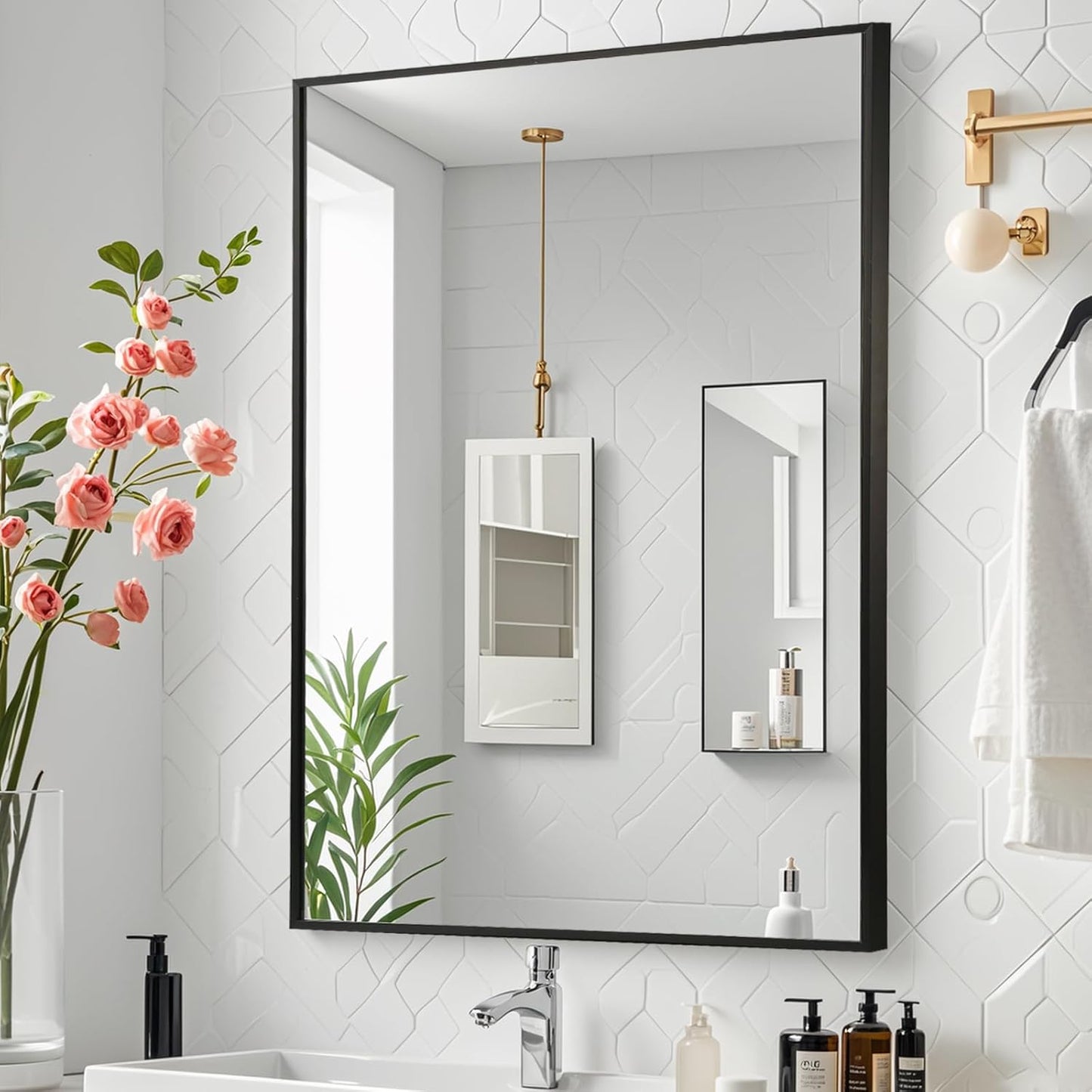Black Bathroom Mirror, 24"x36" Rectangle Mirror, Matte Black Mirror, Metal Frame Square Corner Vanity Mirror, Wall Mounted Mirror for Modern, Living Room, Bedroom, Horizontal Or Vertical