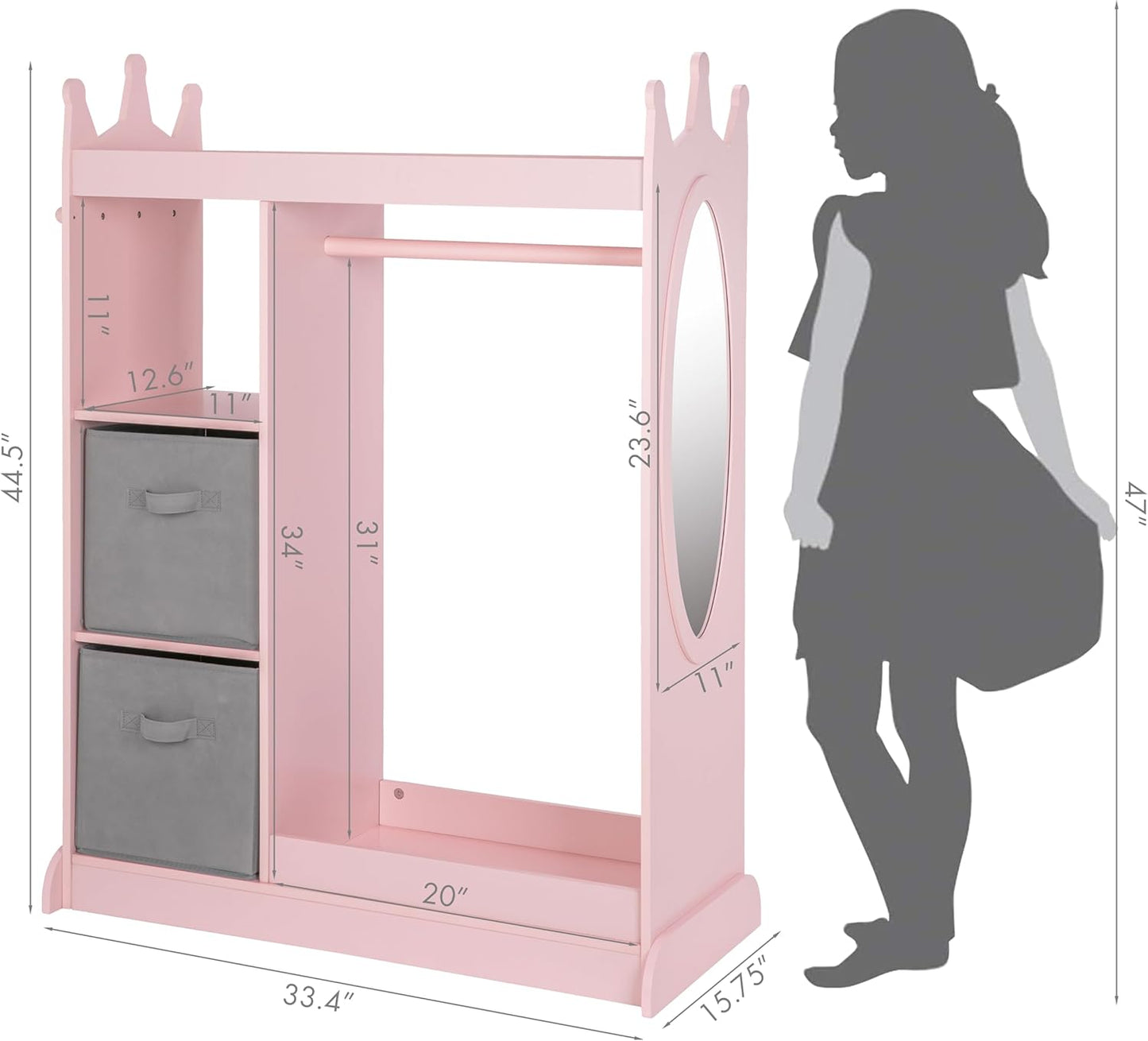 UTEX Kids Armoire Wardrobe Closet with Mirror and Storage Bin, Pink, 33.4 in W x 15.75 in D x 44.5 in H